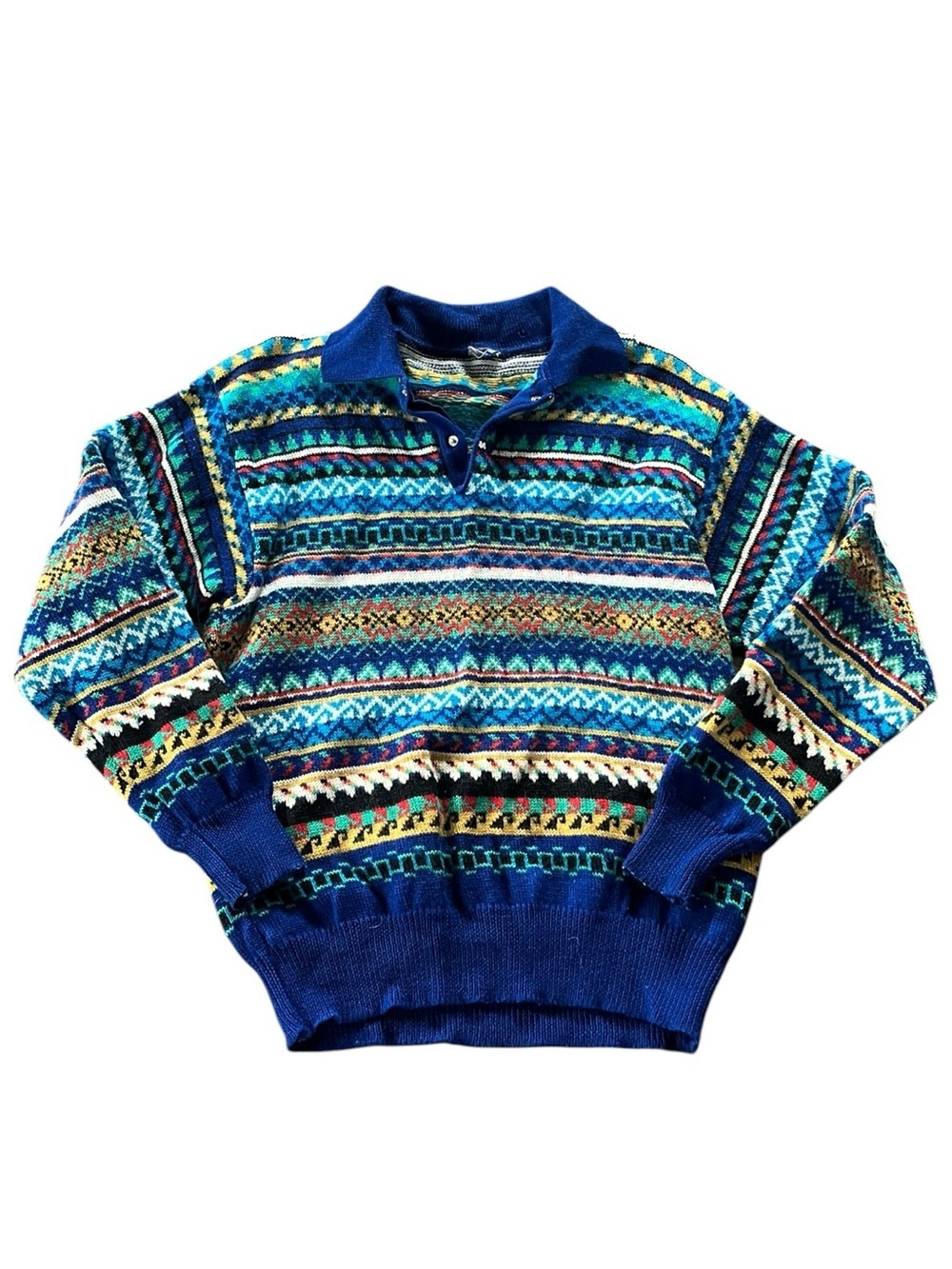 KENZO VINTAGE Blue Multicolore Geometric Patterned  Wool Knit Sweater Polo - Picture 3 of 6